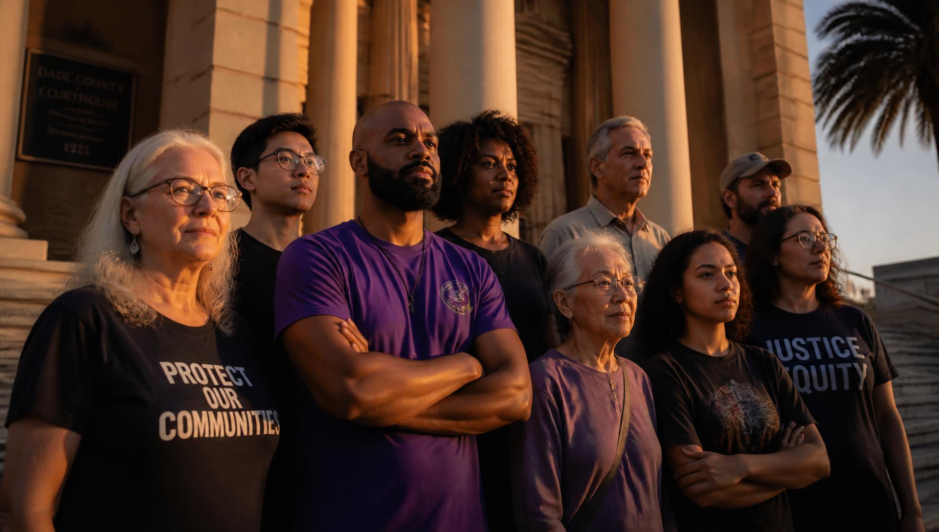 Community members of many ages and backgrounds standing together on courthouse steps at golden hour