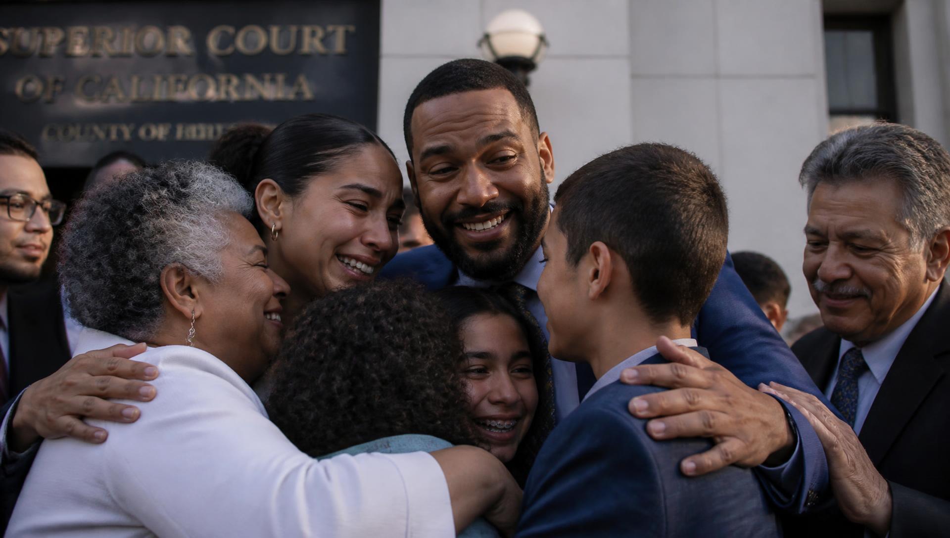 A multigenerational family embracing outside a courthouse after a legal victory