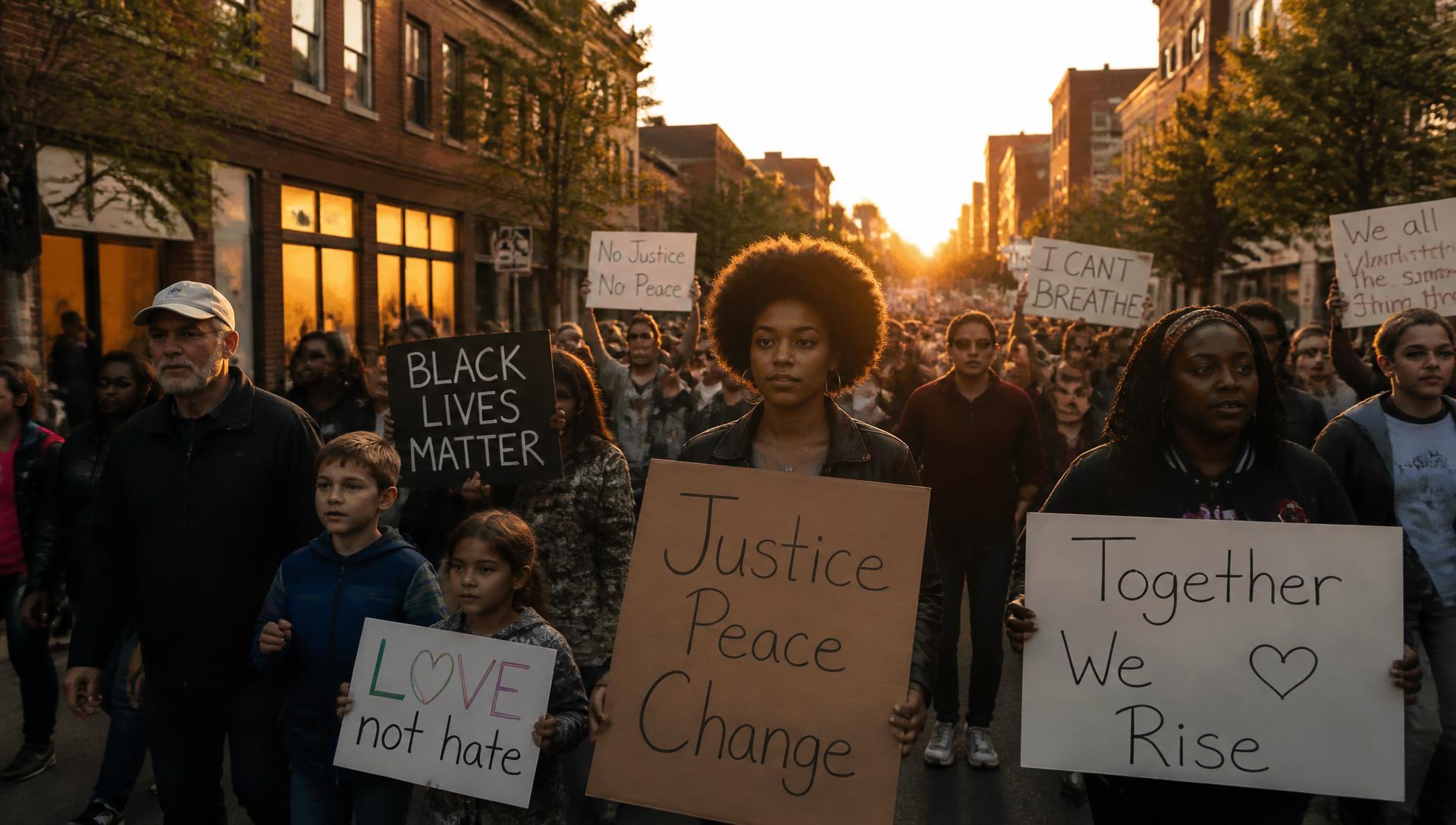 A peaceful community march at sunset with families holding handmade signs