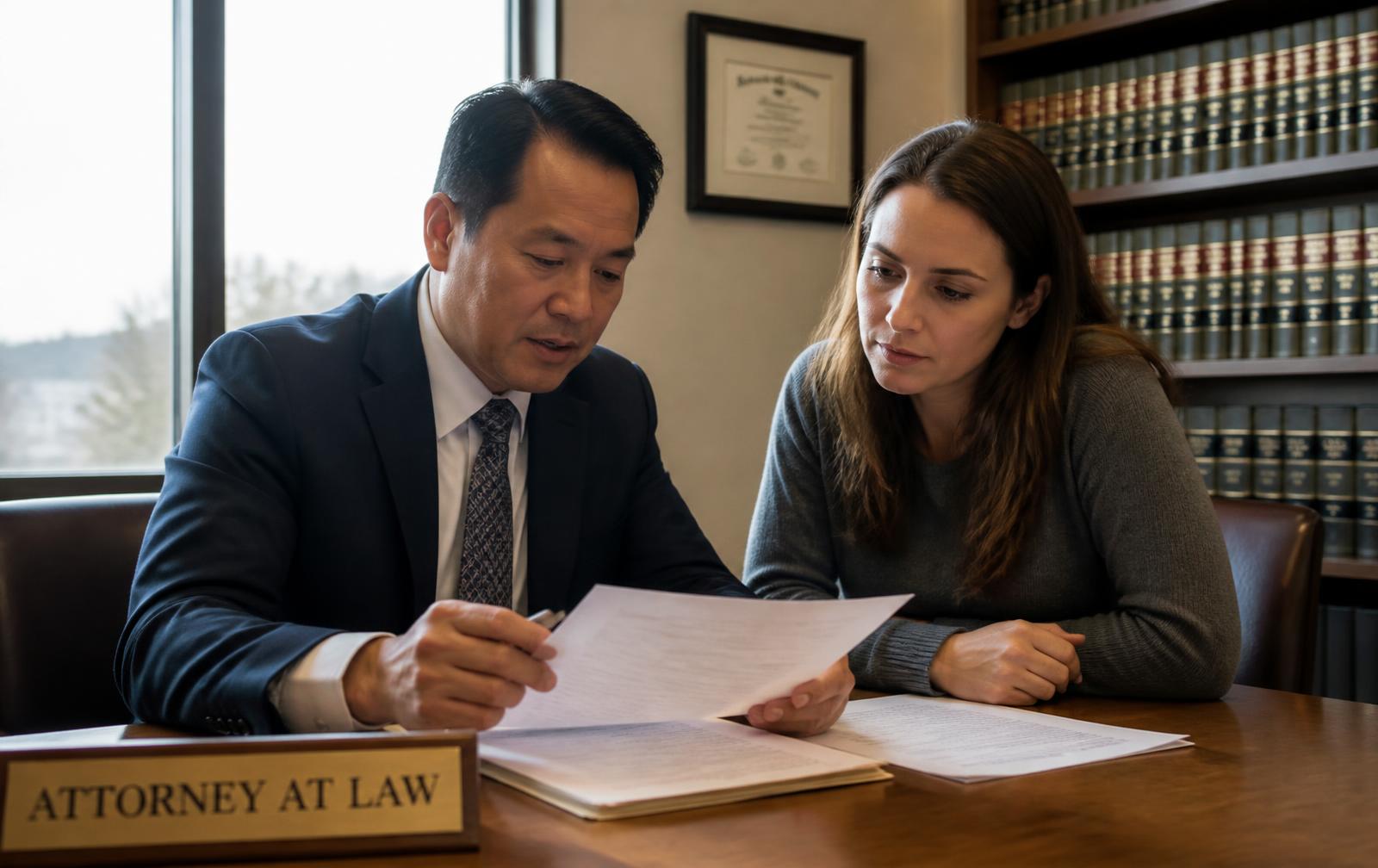 An attorney reviewing case documents with a client