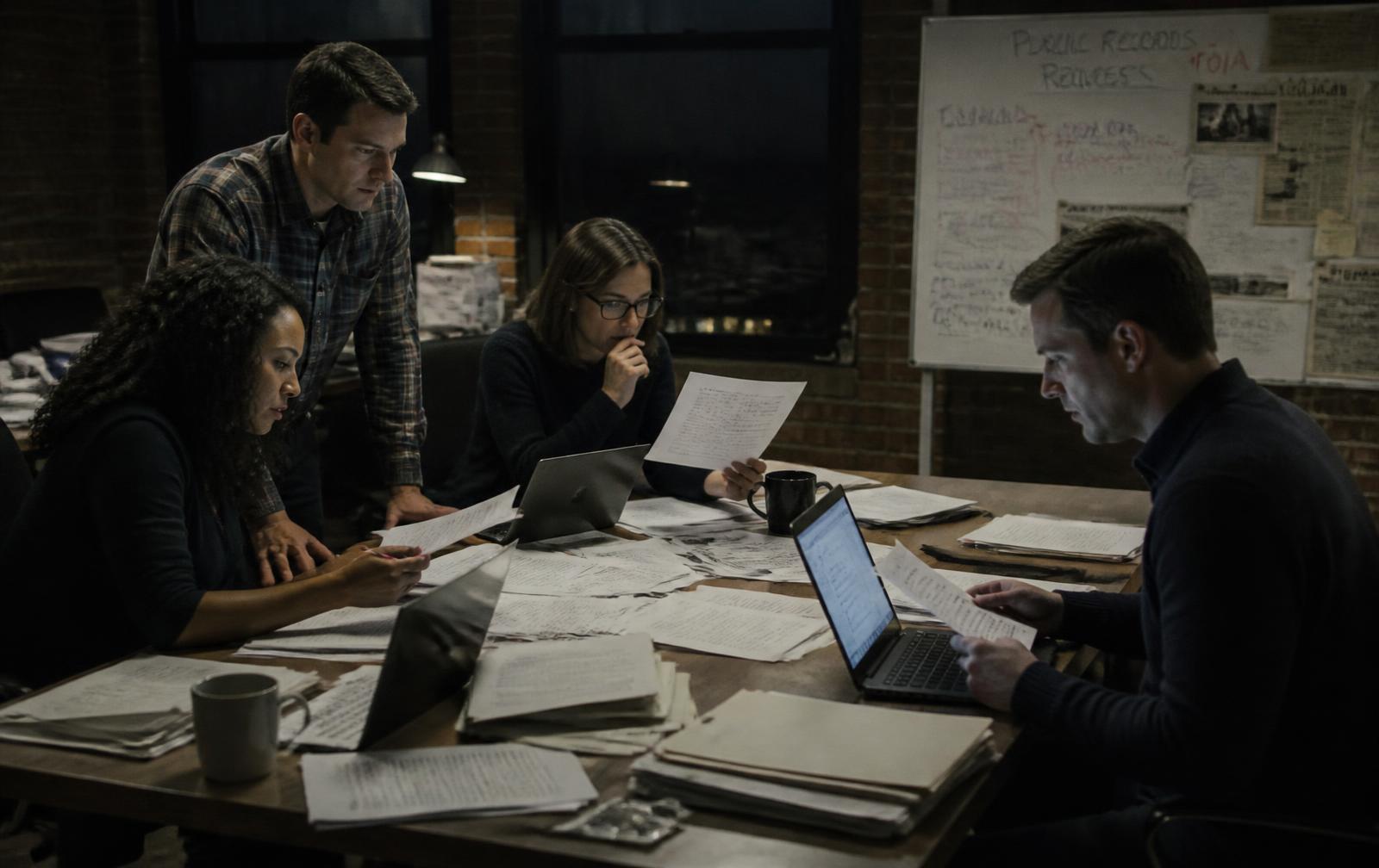 Investigative reporters reviewing public records late at night