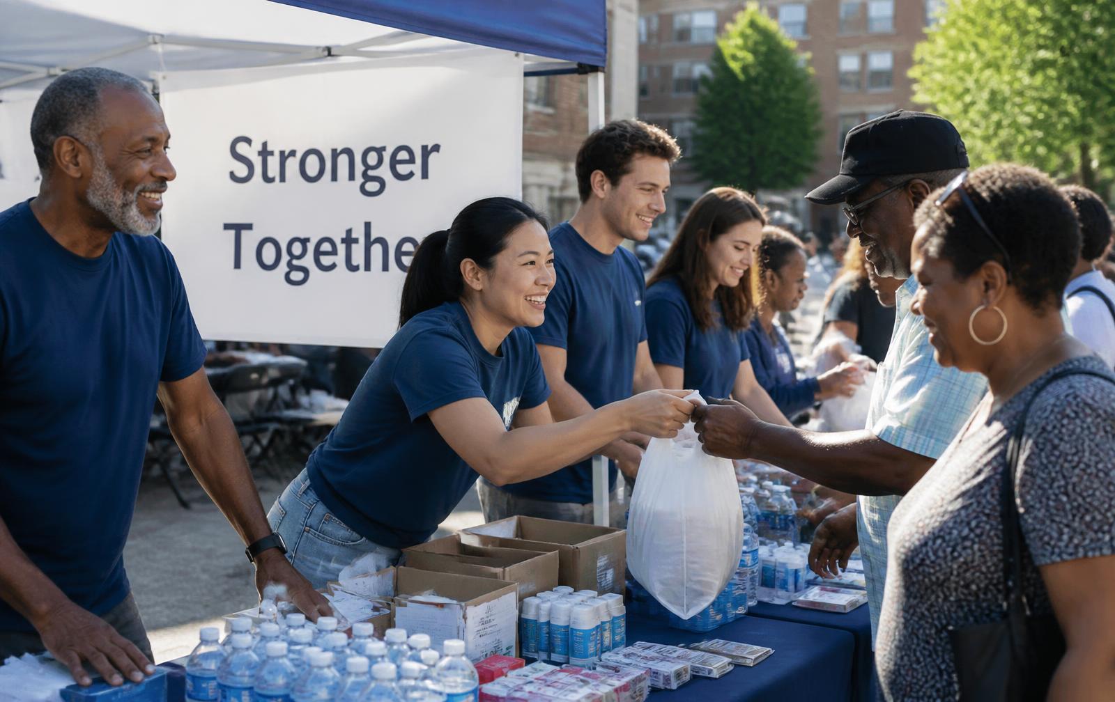 Volunteers handing out supplies at an outdoor community resource table